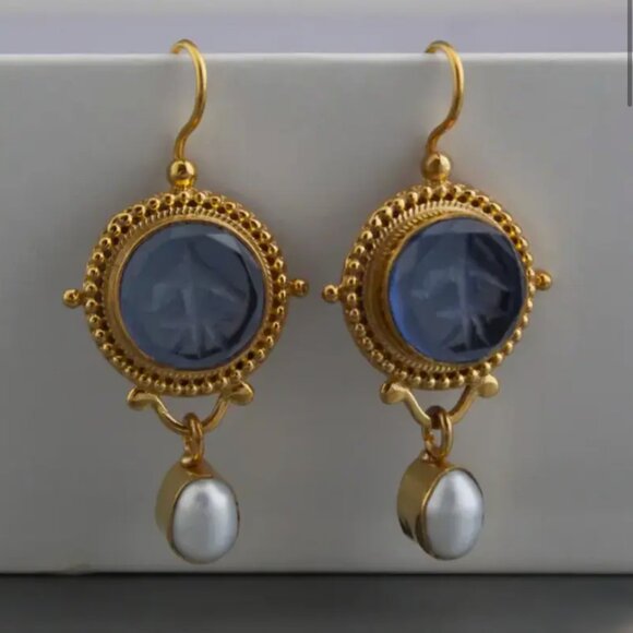 Private Label Jewelry - NEW Etienne French Regency Cobalt Blue Engraved Glass Pearl Drop Earrings